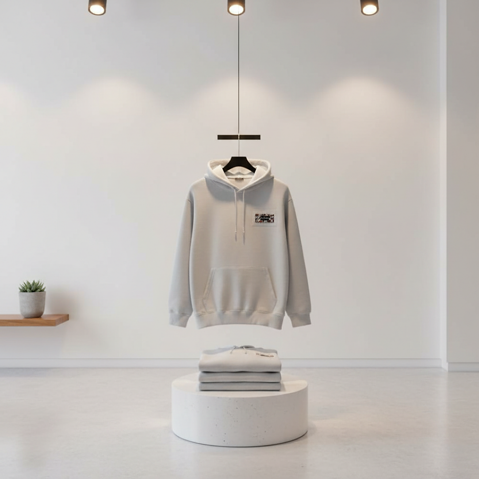 Gray hoodie on hanger in minimalist room with white walls. Folded hoodies on round pedestal. Modern lighting; small plant on shelf.
