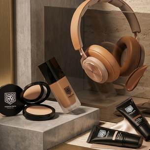 Tan headphones and YESHUA Skin Cosmetics set on a marble surface with a beige background create a stylish, luxurious mood.