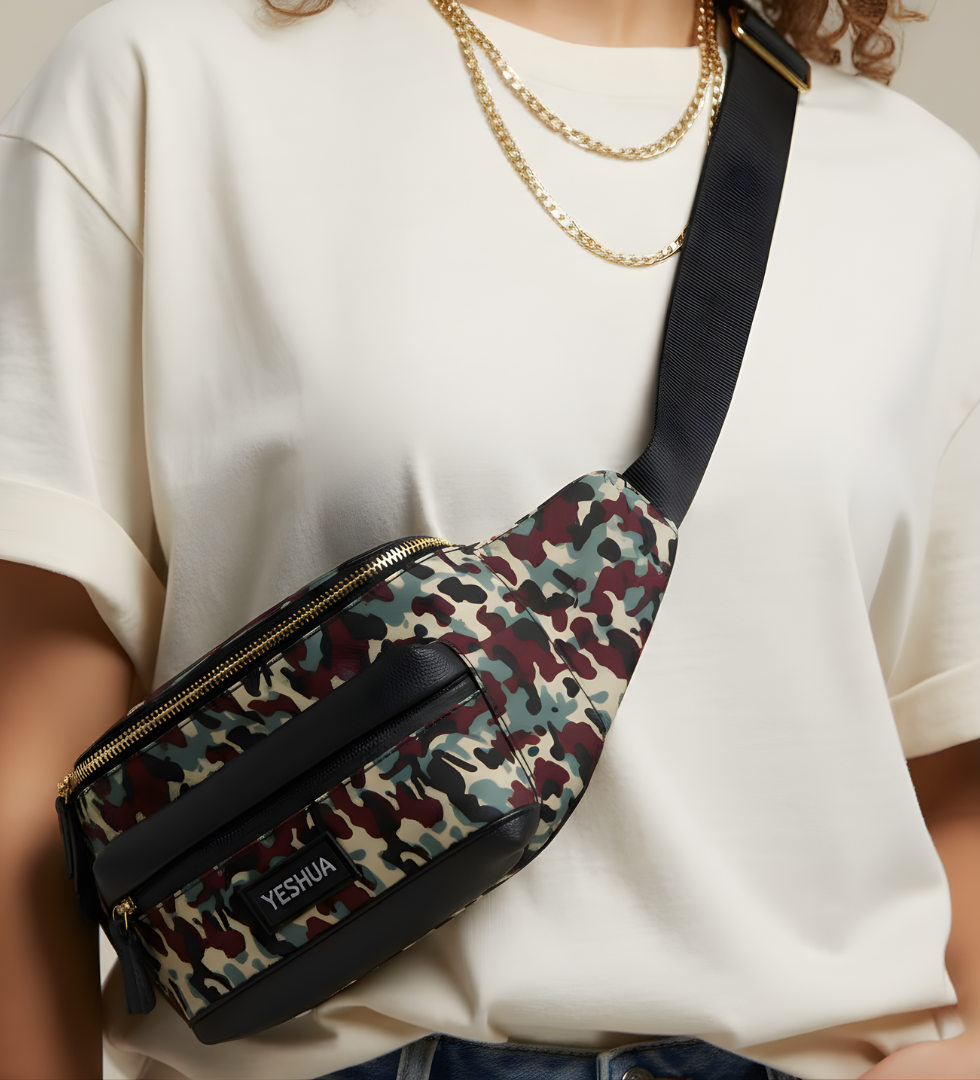 Black Crossbody Bag with Camo Print