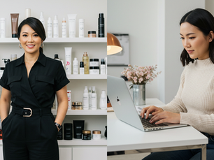 Two women; one smiling in front of beauty products, the other typing on a laptop. White background, cozy mood, pink flowers visible.