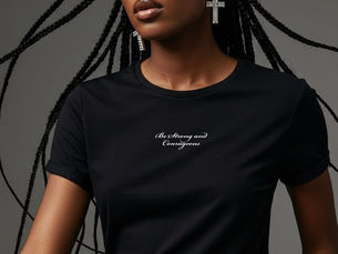 Woman with braided hair and cross earrings in a black shirt reading "Be Strong and Courageous," against a gray background, looking confident.