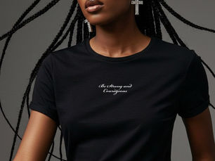 Woman with braided hair and cross earrings in a black shirt reading "Be Strong and Courageous," against a gray background, looking confident.