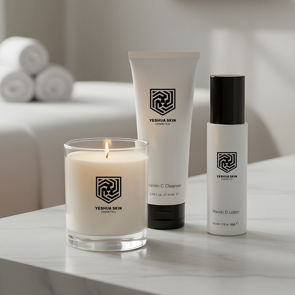 White candle and Yeshua Skin cosmetics (Vitamin C Cleanser and Lotion) on marble surface, spa towels in background, serene mood.
