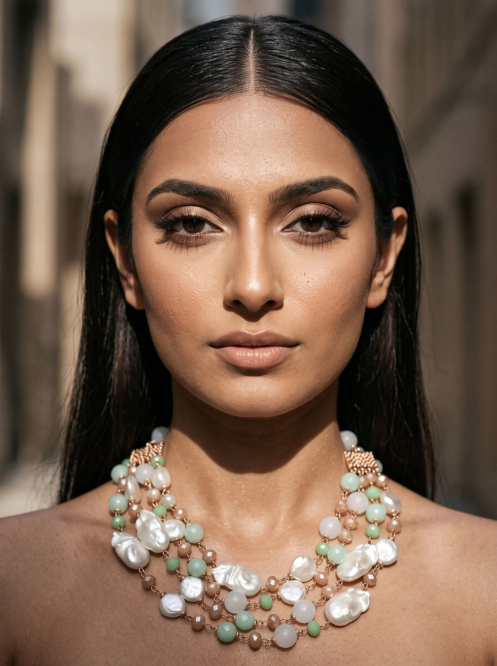 Close-up portrait of a woman with sleek dark hair and a layered pastel beaded necklace against a blurred warm background.