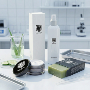 Skincare products displayed on a lab counter include cream, toner, soap, and a beaker with aloe. White, clean setting.