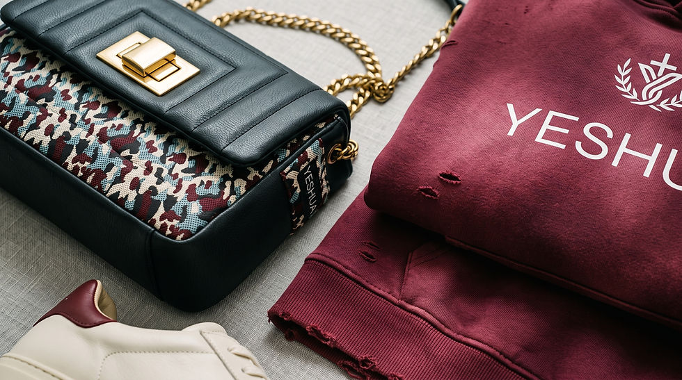 Maroon Yeshua hoodie with gold chain and black quilted purse on patterned fabric, styled as a luxe fashion flat lay