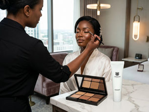 Makeup artist applies eyeshadow to a woman in a white robe. A contour palette and Yeshua Skin cream are on a marble counter in a hotel room.