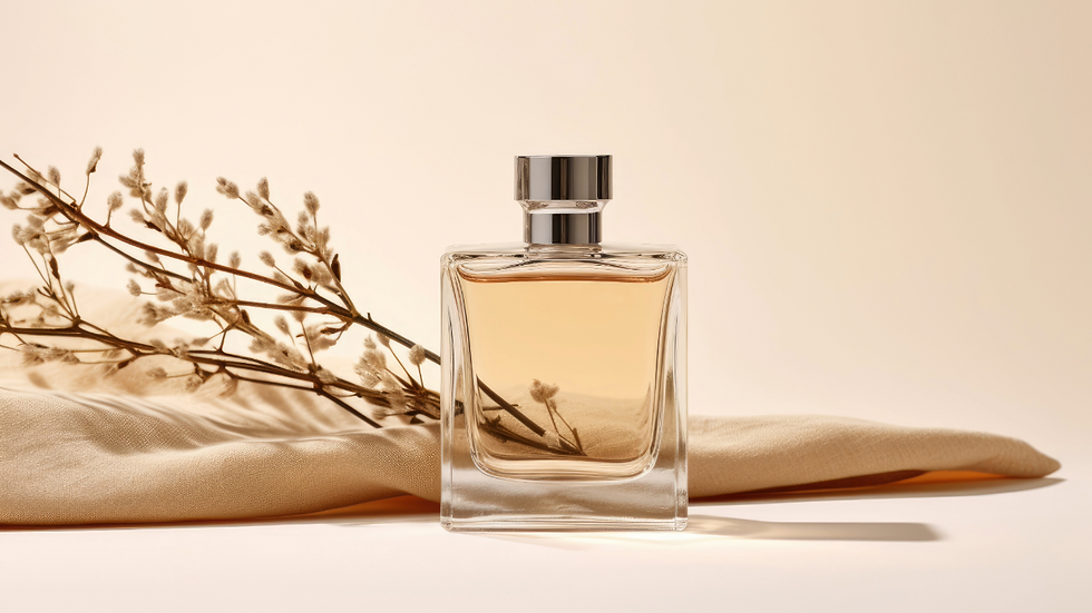 Perfume bottle with light amber liquid, placed on beige fabric with dried flowers. Soft, minimalist setting, conveying elegance and calm.