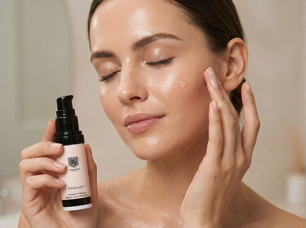 Woman applying serum to her cheek, holding a bottle labeled "Radiant Vitamin C Serum." Background is soft and neutral, conveying calmness.
