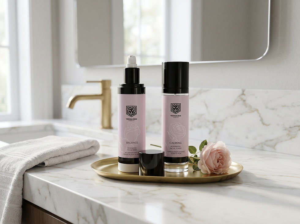 Eye-level view of a minimalist bathroom sink with rosewater cleanser and a small vase of roses
