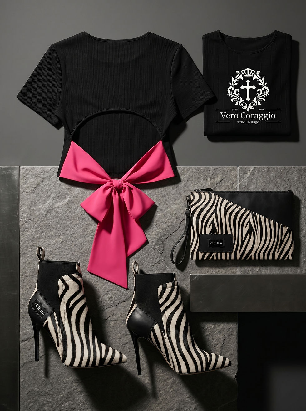 Black top with pink bow, "Vero Coraggio" T-shirt, zebra-print boots, and clutch on gray stone. Labels read "YESHUA". Bold, stylish.