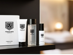 Eye-level view of skincare products neatly arranged on a black shelf