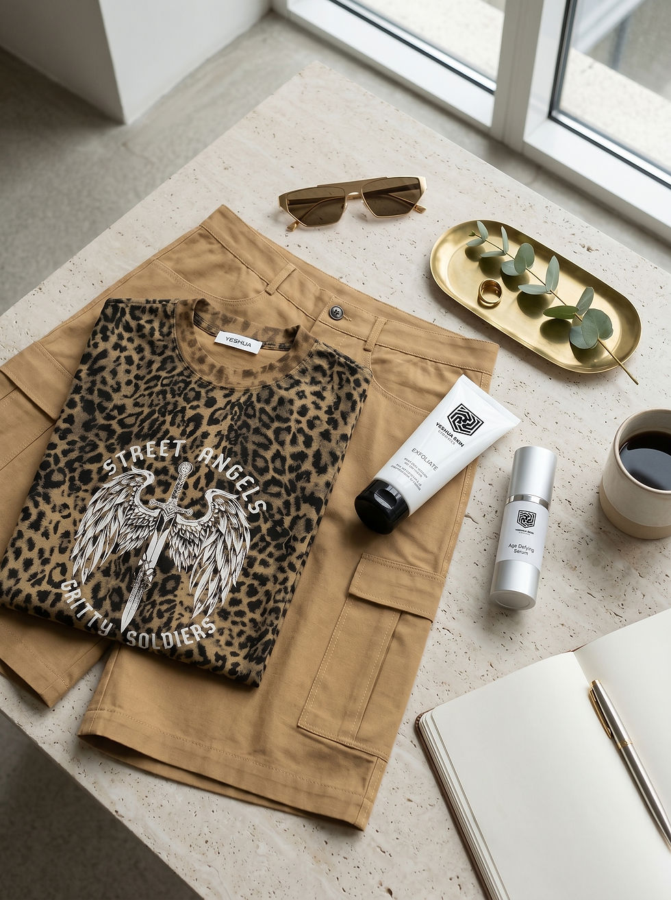 Leopard print tee on beige shorts, with sunglasses, skincare, eucalyptus on tray, coffee cup, and open notebook on marble table.