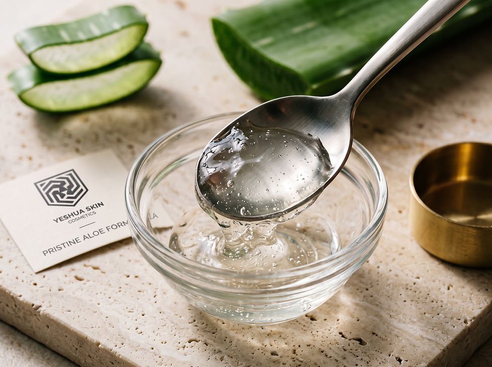 Close-up of fresh aloe gel being spooned into a small glass bowl for a clean skincare formula