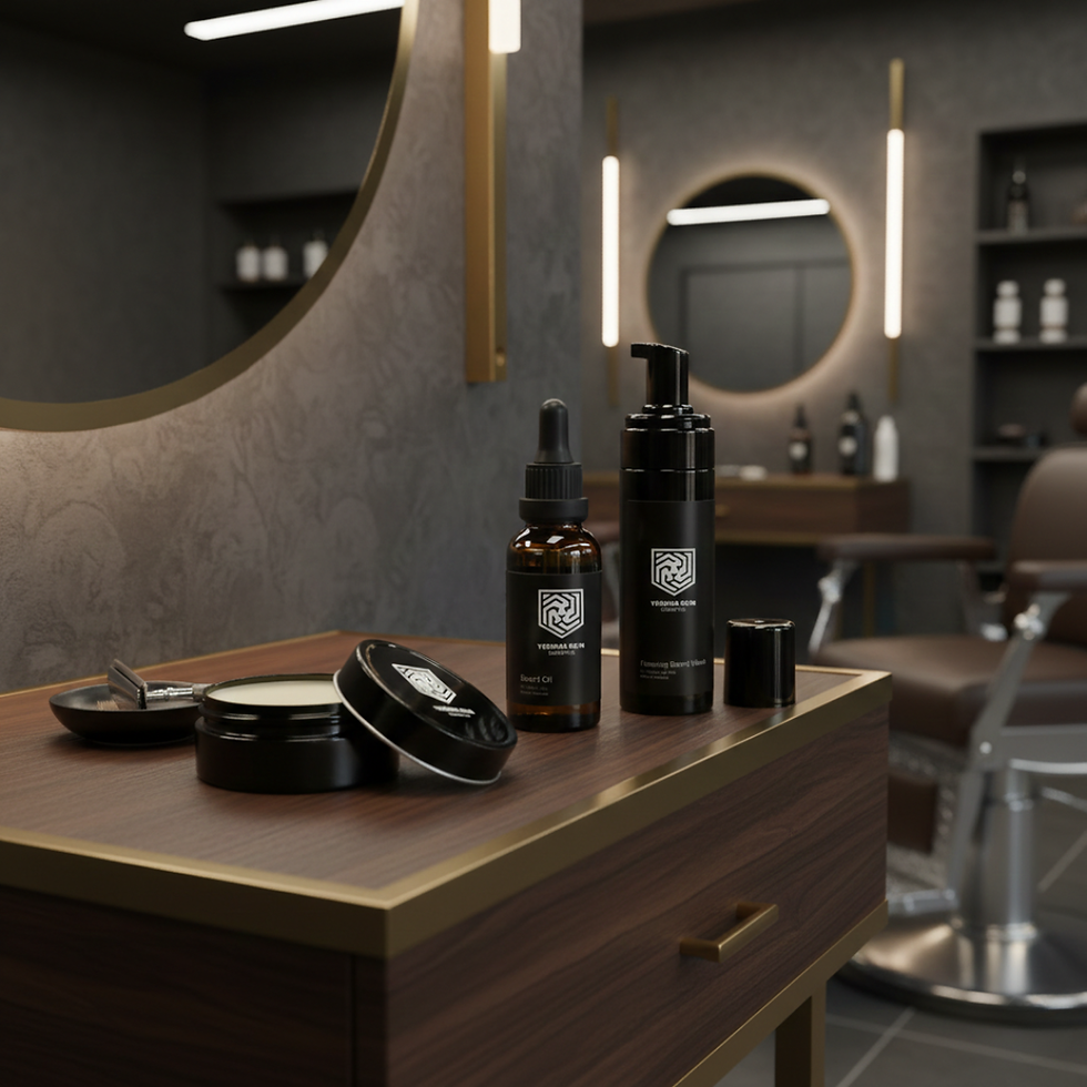 Barber shop setting with grooming products on a wooden counter; circular mirrors and chairs in the background. Mood is sleek and professional.