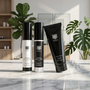 Skincare products on a marble counter, including Vegan Day Cream, Vegan Night Cream, and Polished body lotion. Green plants in the background.