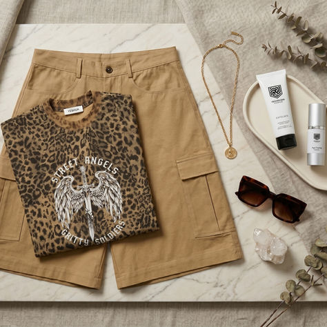 Tan cargo shorts with a leopard print T-shirt, necklace, skincare tubes, sunglasses, and crystal on a marble surface with eucalyptus sprigs.