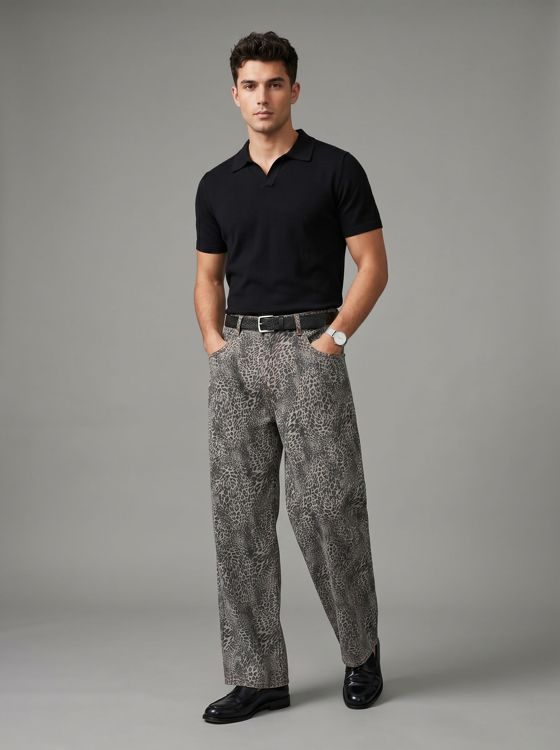 YESHUA Unisex Vintage Wash Leopard Wide Leg Jeans