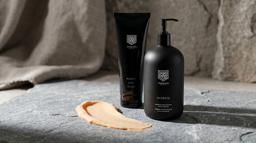 YESHUA Skin Cosmetics lotion displayed on a stone surface with peach coloured cream swatch