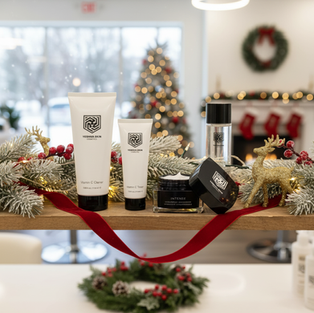 Skincare products on a festive shelf; adorned with greenery, a red ribbon, gold reindeer; blurred Christmas tree and wreath in background.