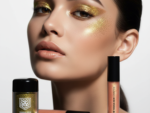 Close-up of a woman's face with gold glitter makeup. Yeshua Skin Cosmetics products are displayed. Elegant, shimmering aesthetic.