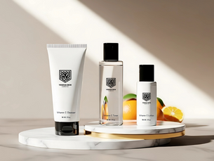 Skincare products labeled "Vitamin C Cleanser," "Toner," and "Lotion" against a marble backdrop with sliced oranges. Sunlit and serene.