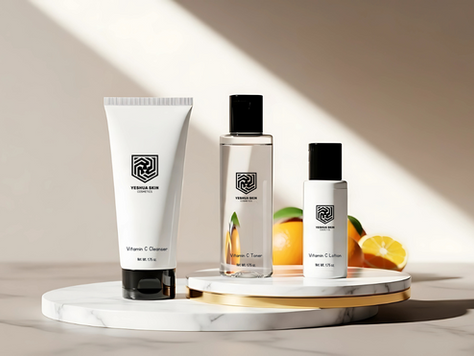 Skincare products labeled "Vitamin C Cleanser," "Toner," and "Lotion" against a marble backdrop with sliced oranges. Sunlit and serene.