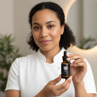 Woman in a white shirt holding a dark glass dropper bottle, smiling in a softly lit room with plants and a circular mirror in the background.