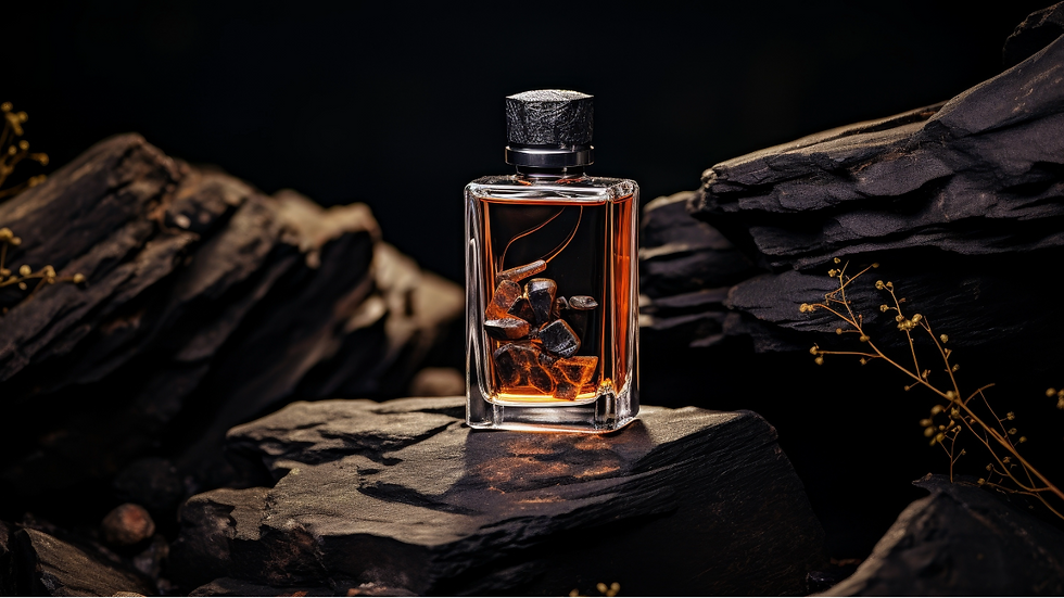 Perfume bottle with amber liquid and stones inside, set on dark rocks. Warm light highlights bottle's details, creating a luxurious mood.