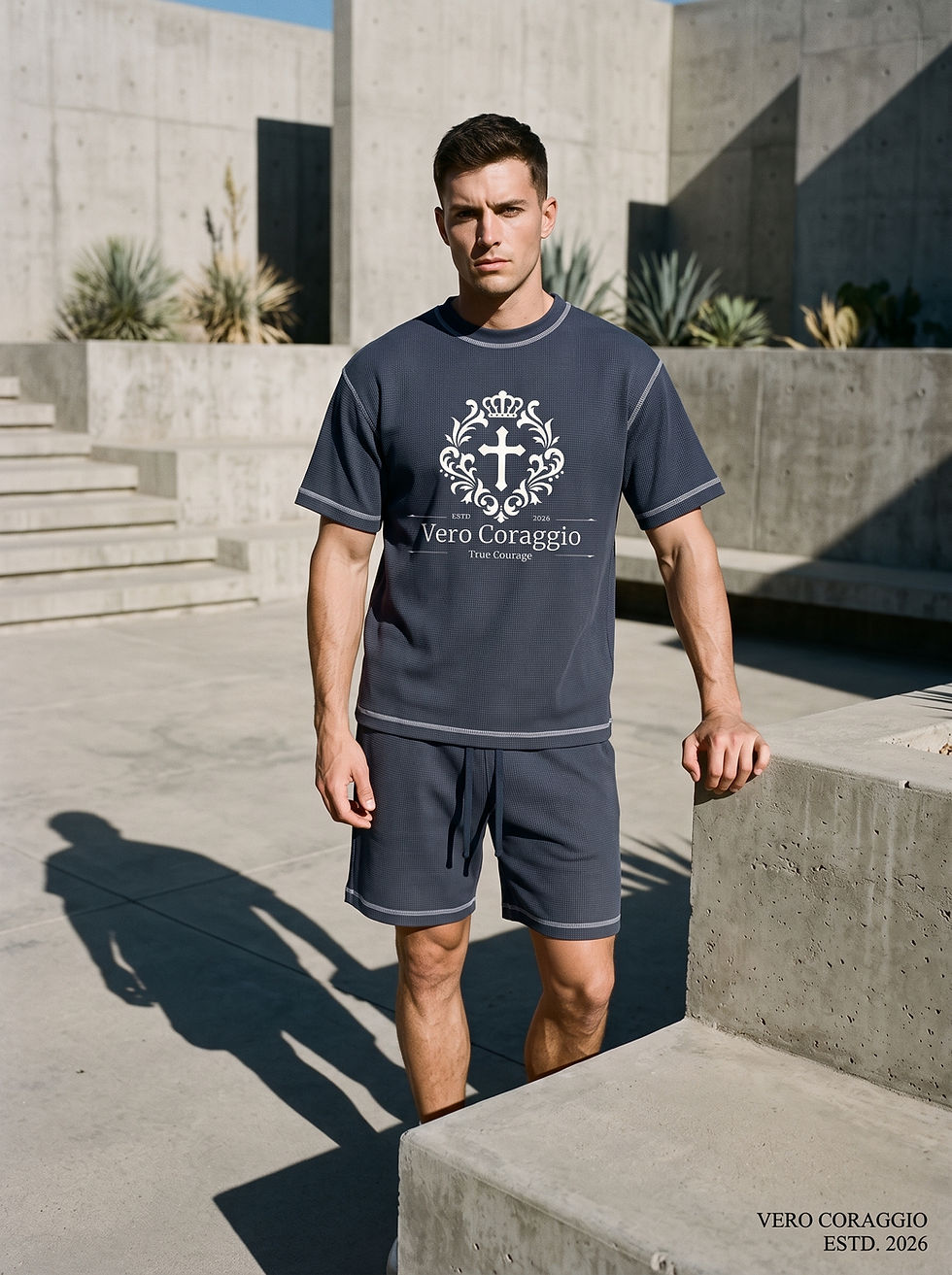 Serious man in navy shorts and T-shirt with cross logo and Vero Coraggio text stands by concrete steps in bright courtyard.