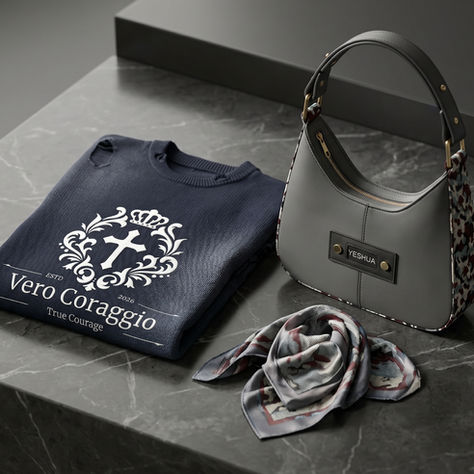 Navy sweatshirt with a cross design, text "Vero Coraggio," gray handbag labeled "YESHUA," and patterned scarf on a marble surface.