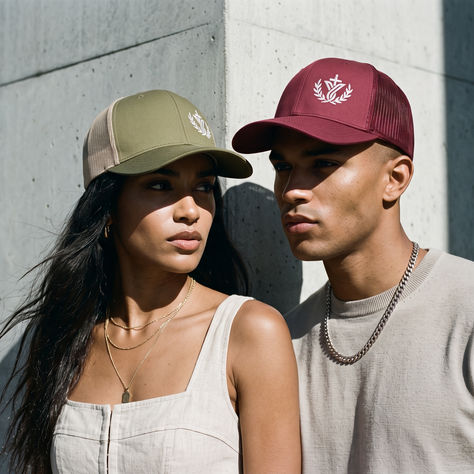 Young man and woman in caps lean against a brick wall in sunlight, looking off-camera with serious expressions.