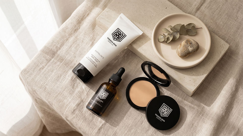 Yeshua Skin cosmetics set on beige linen: exfoliant tube, serum, compact, and decor tray with leaves and stone in soft daylight.