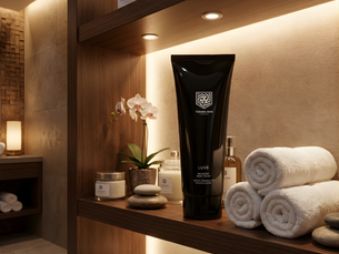 Spa shelf with black tube of "Luxe" cream, candles, rolled towels, and orchids. Warm lighting creates a relaxing, elegant ambiance.