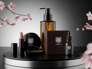 Cosmetic products on a round platform, surrounded by pink cherry blossoms. Text reads: Yeshua Skin Cosmetics. Black and amber tones.