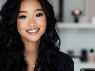 Smiling woman with wavy black hair, wearing black, surrounded by makeup. Soft-focus background suggests a cozy, well-lit room.