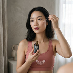 Woman in a pink top applying face oil with a dropper, standing in a softly lit room. Calm expression. 'Yeshua' text on top.