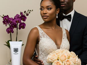 Bride in lace dress holding roses, groom behind in black suit. Vase of purple orchids and Yeshua Skin Vitamin C Cleanser on table.