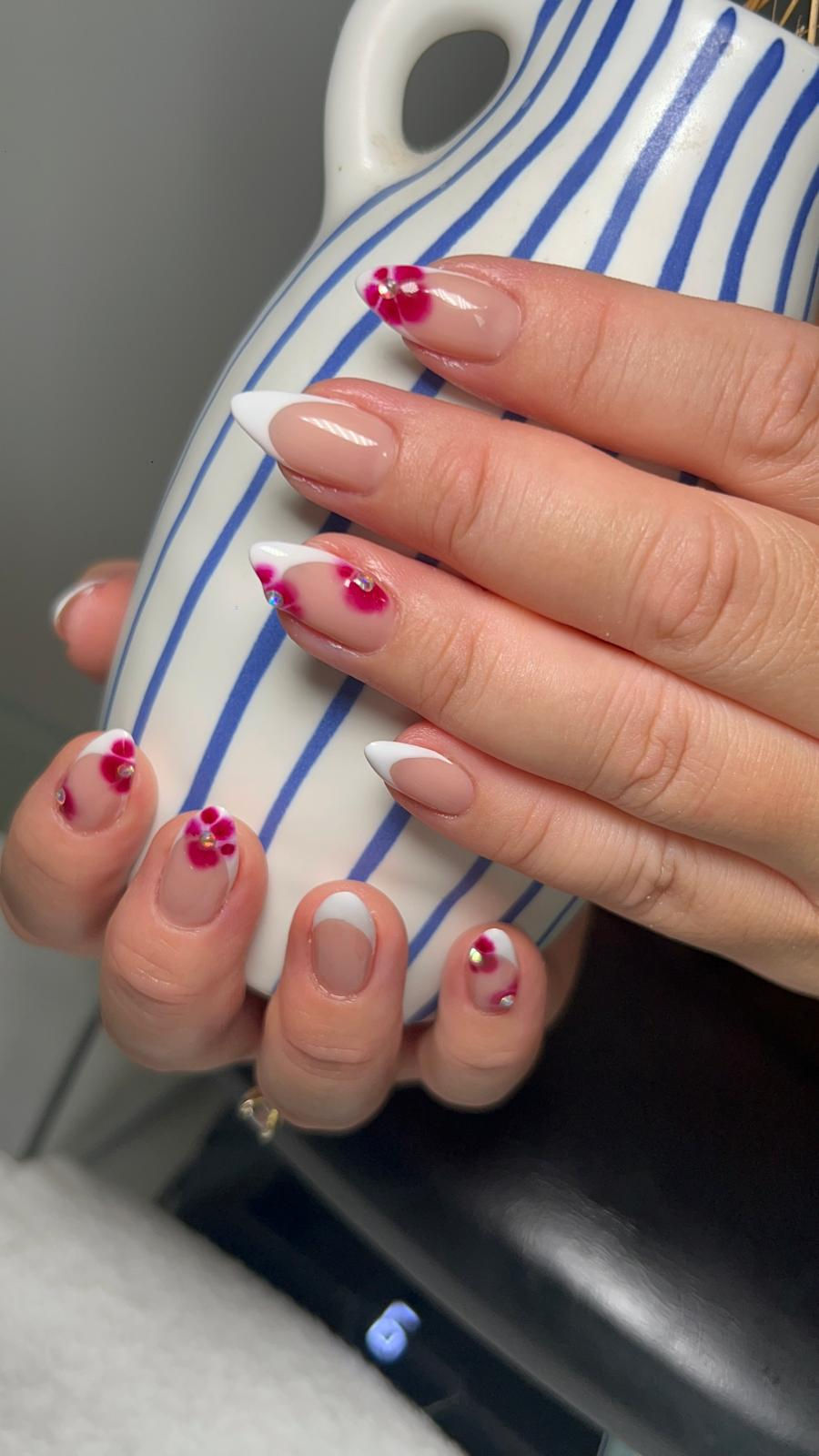 Shellac Nails with French Manicure and Red Flowers - dgl beauty