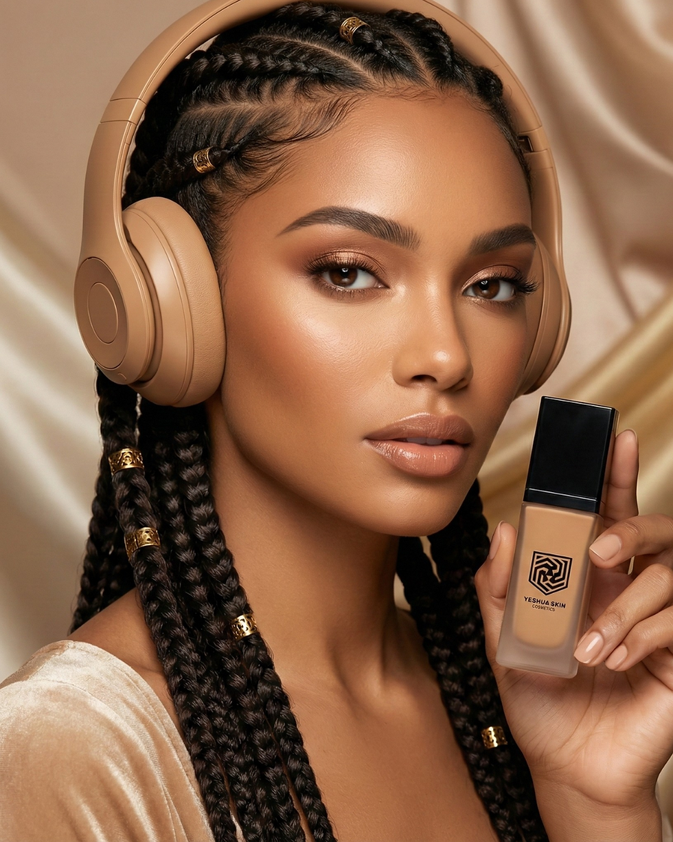 A woman with braided hair and gold accents wears beige headphones, holding a bottle of Yeshua Skin Cosmetics foundation against a silky backdrop.