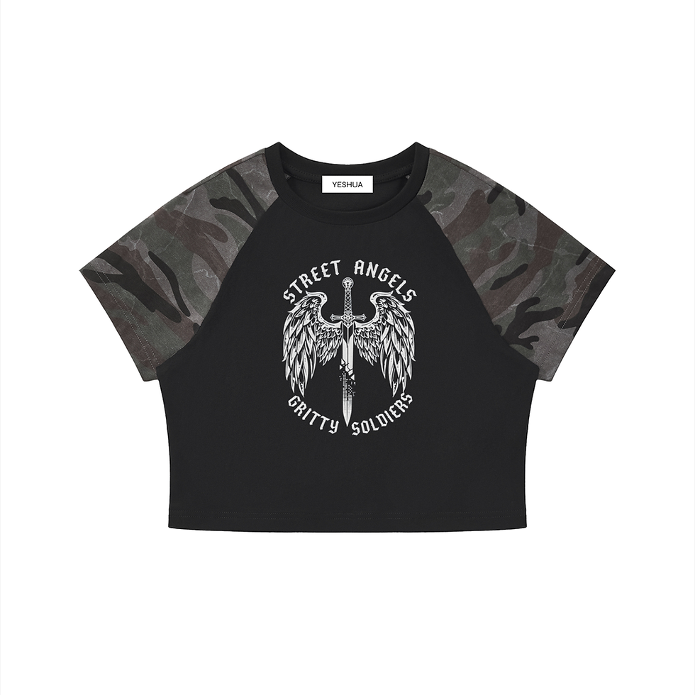 YESHUA Women’s Camo Raglan Crop T-Shirt - Black