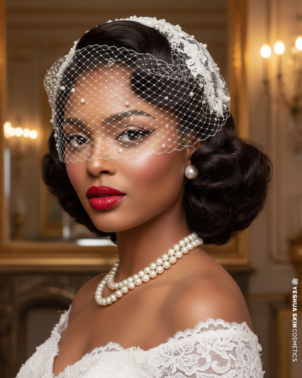 Woman in vintage style attire with pearl necklace and lace veil, in elegant room with warm lighting, shows classic elegance. Mood: serene.