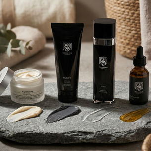Yeshua Skin skincare products on a stone slab, with Night Creme, Purify, Tone and Rose Gold Oil in a warm spa setting.