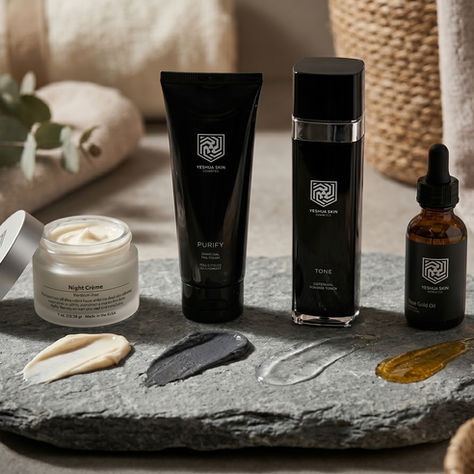 Yeshua Skin skincare products on a stone slab, with Night Creme, Purify, Tone and Rose Gold Oil in a warm spa setting.