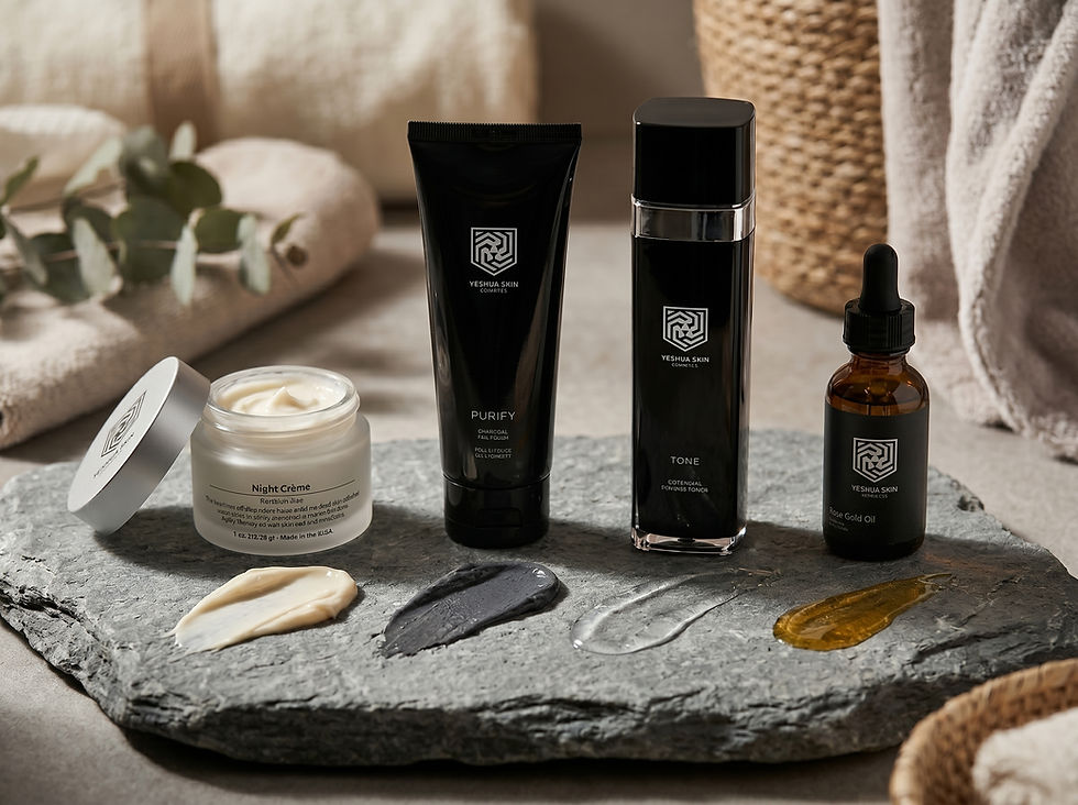 Yeshua Skin skincare products on a stone slab, with Night Creme, Purify, Tone and Rose Gold Oil in a warm spa setting.