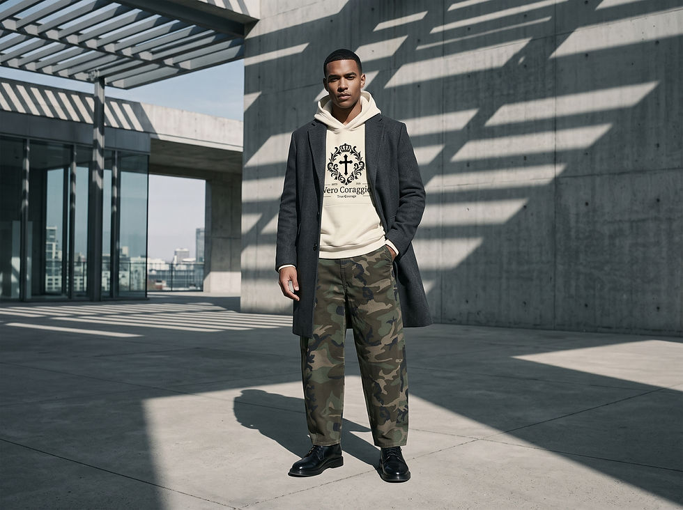 Young man in a dark coat and camo pants stands in a sunlit concrete courtyard, hoodie reads Vero Coraggio, True Courage