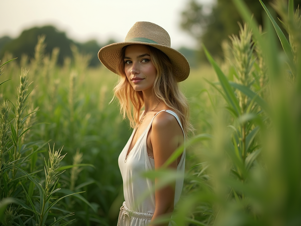 Woman wearing a straw hat stands in a lush, green field. She wears a light dress and smiles softly. Sunny, tranquil atmosphere.