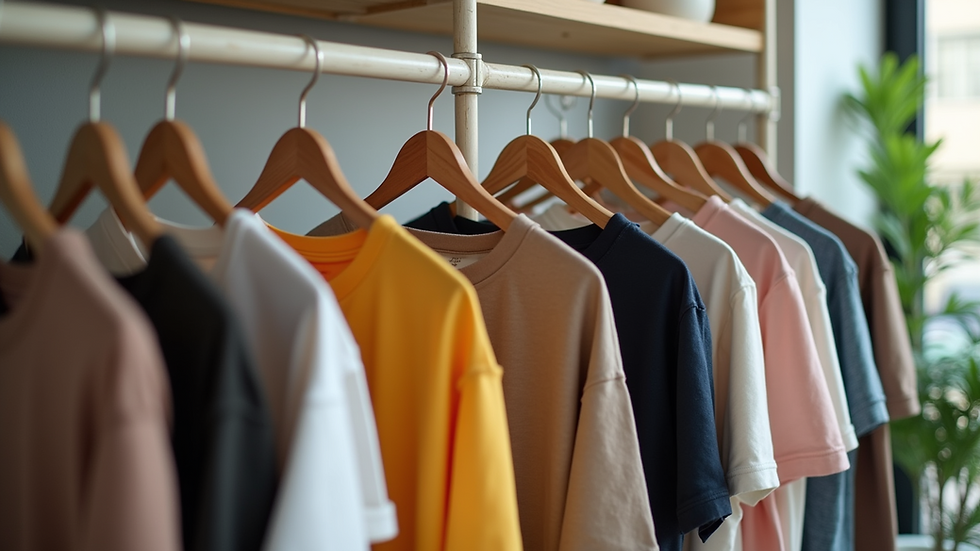Eye-level view of eco-friendly clothing rack in a boutique