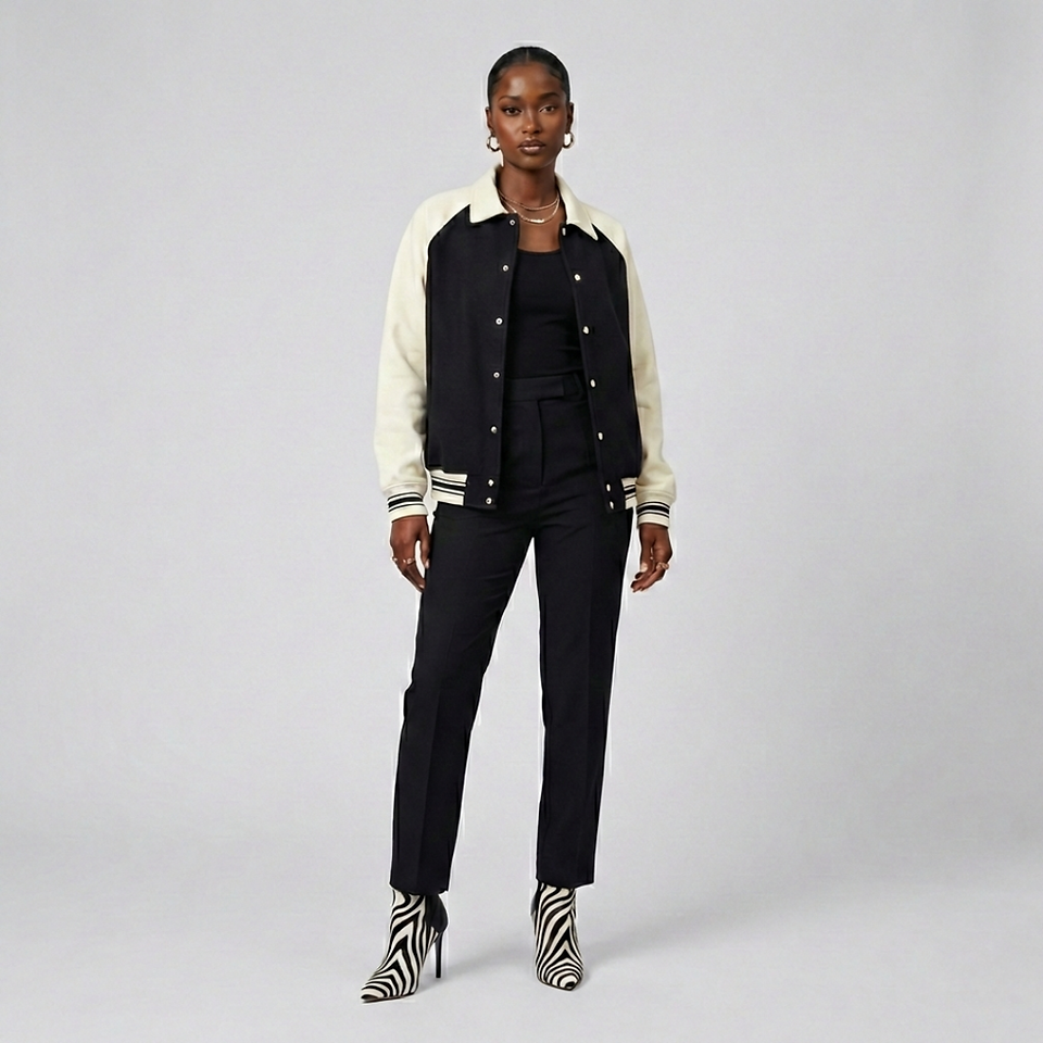 A person stands wearing a black and cream varsity jacket, black pants, and zebra-print heeled boots.