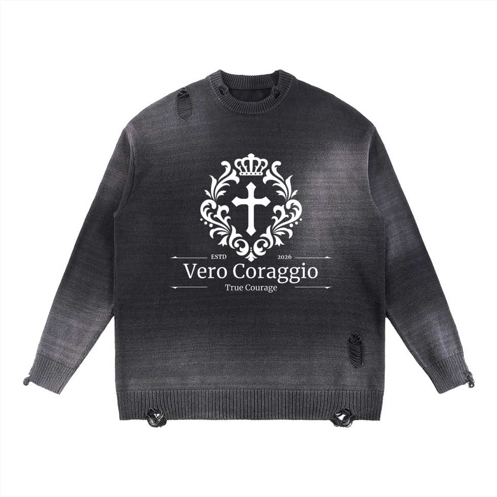 Vero Coraggio Sun Fade Distressed Ripped Crewneck Sweater - Style 01